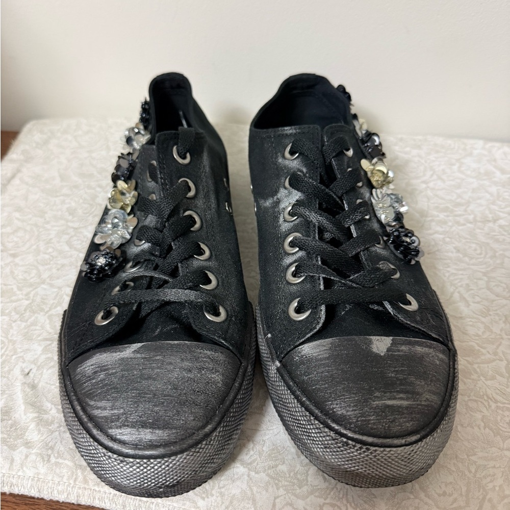 Naughty Monkey Womens Size 9 Black Sneaker Distressed Beaded Sequin Lace Up Flat - Picture 2 of 8